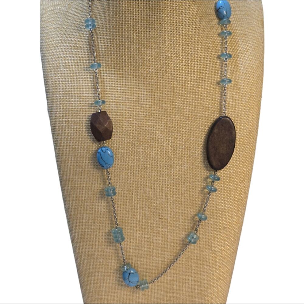 Lia Sophia Blue and Wooden Beaded Station Long Necklace